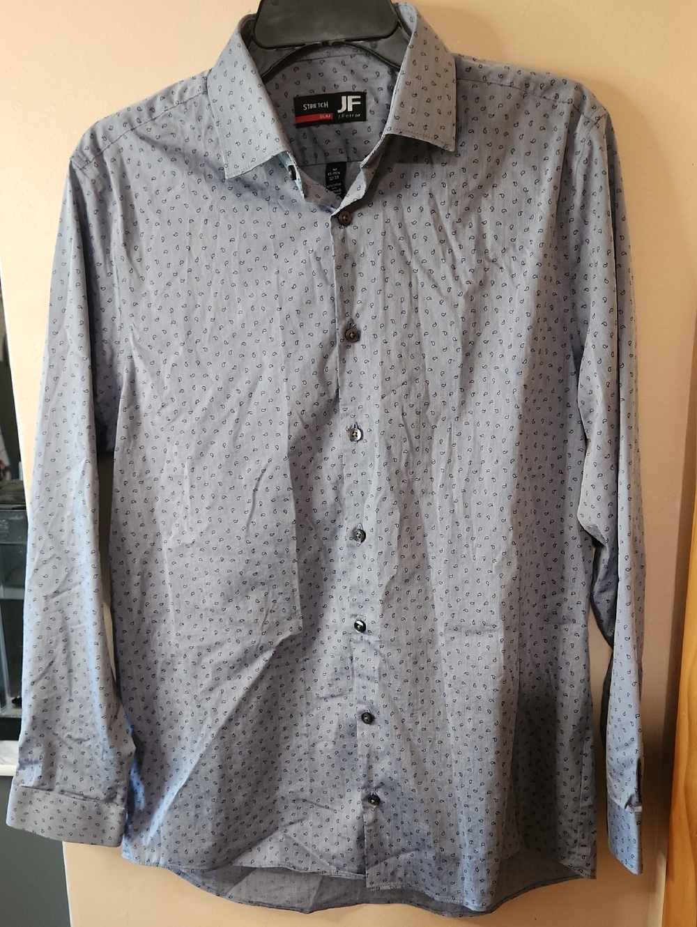 JF J.Ferrar Dress Shirt, Slim Fit, Size Medium Blue With Pattern